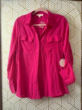 Sunburst Kiss Womens Bright Pink Button-Up Shirt large